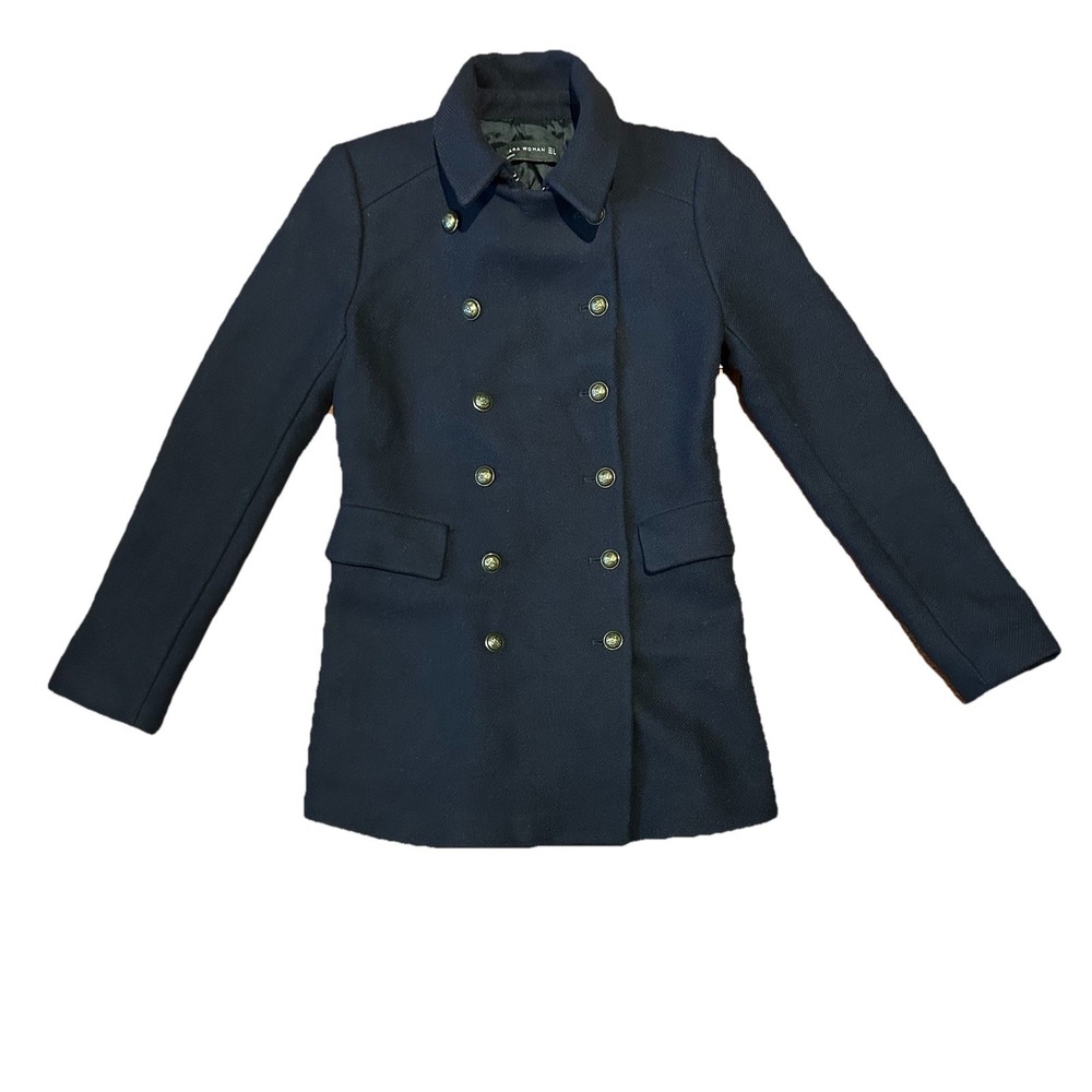 Zara Military Style Blazer Coat Jacket Double‎ Breasted Blue Wool Blend Sz Small